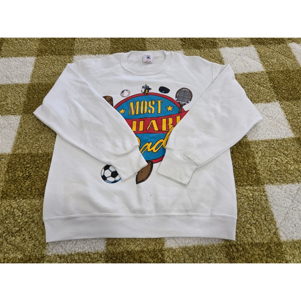 Vintage Delta Most Valuable Dad Sports Graphic Sweatshirt White Large USA Made